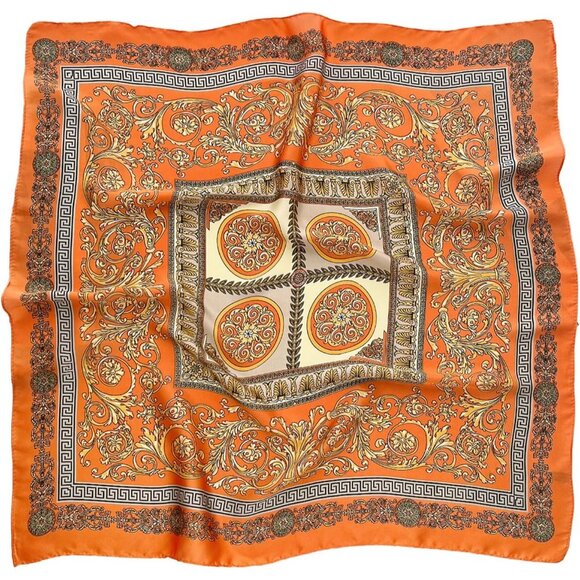 Women Orange Golden Headscarf Satin Bandana Pattern Polyester Breathable Scarves - Picture 1 of 6